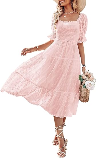 Women's 2025 Summer Square Neck Puff Sleeve Boho Midi Dress Swiss Dot Ruffle Flowy Tie Back Dress