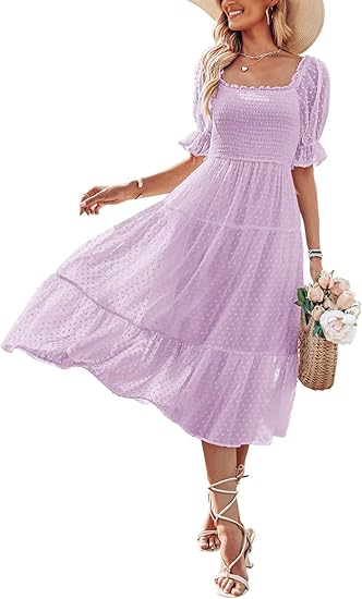 Women's 2025 Summer Square Neck Puff Sleeve Boho Midi Dress Swiss Dot Ruffle Flowy Tie Back Dress