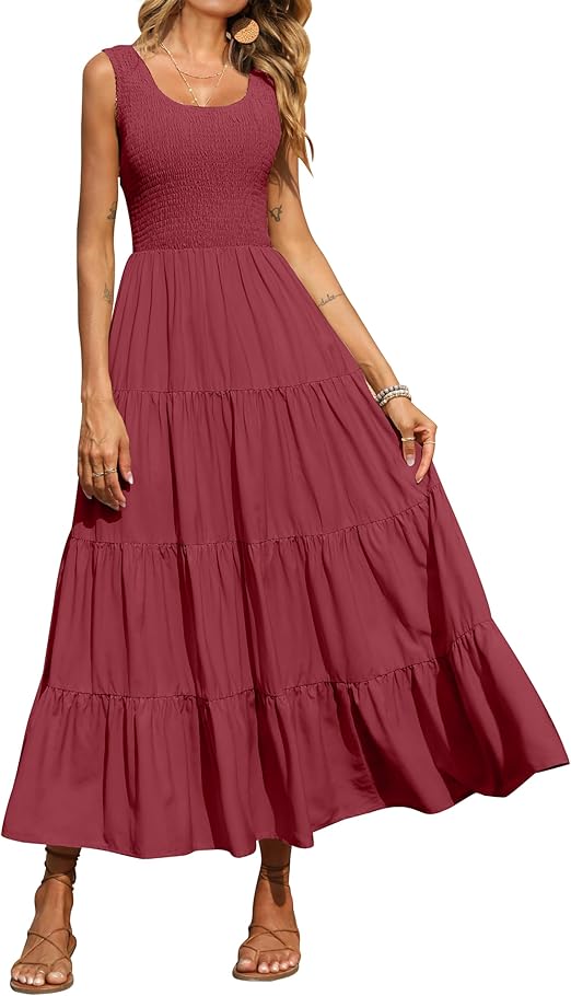 Women's 2025 Casual Loose Plain Maxi Sundress Smocked Tank Dress Sleeveless Summer Beach Tiered Long Dresses