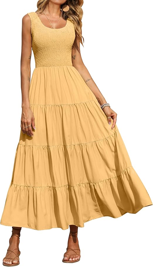 Women's 2025 Summer Square Neck Puff Sleeve Boho Midi Dress Swiss Dot Ruffle Flowy Tie Back Dress
